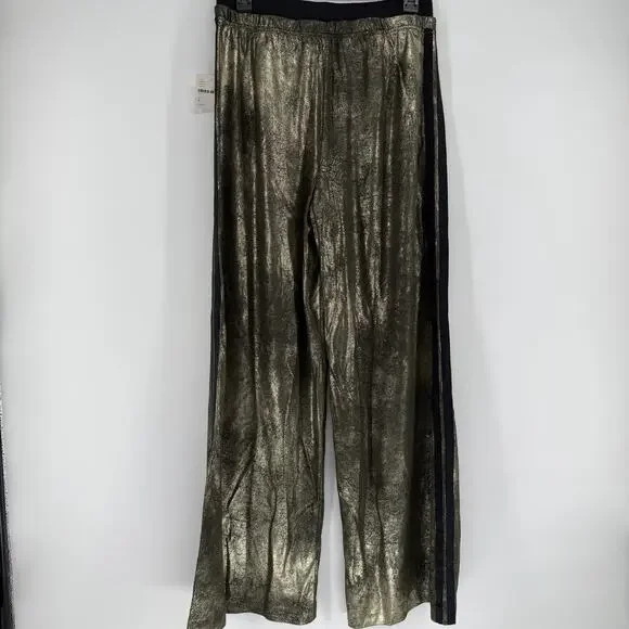 NEW Free People Vegan Leather Metallic Gold Wide Leg Track Pants Size SMALL - Picture 6 of 8